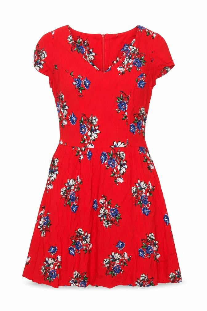 New Look Womens Red Floral Viscose A-Line Size 8 V-Neck Zip