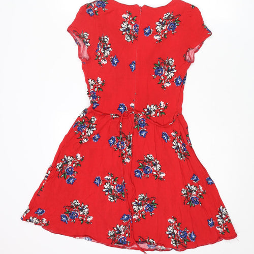 New Look Womens Red Floral Viscose A-Line Size 8 V-Neck Zip