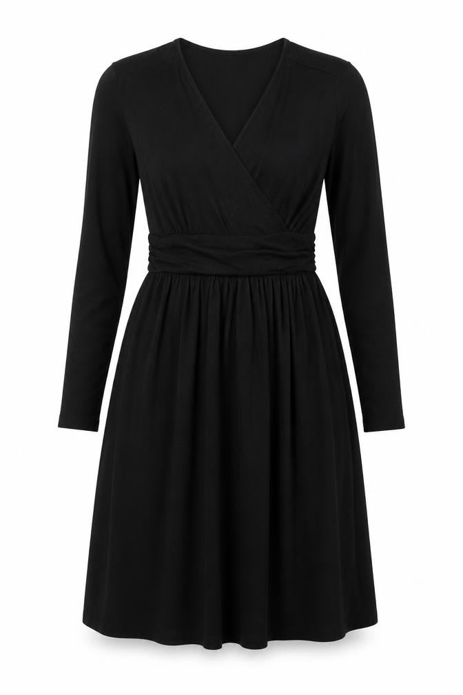Front view of Grecerelle women’s black rayon a-line, size M, v-neck pullover