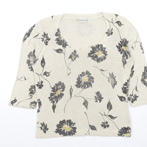 Minuet Womens Beige Scoop Neck Floral Silk Pullover Jumper Size 12
