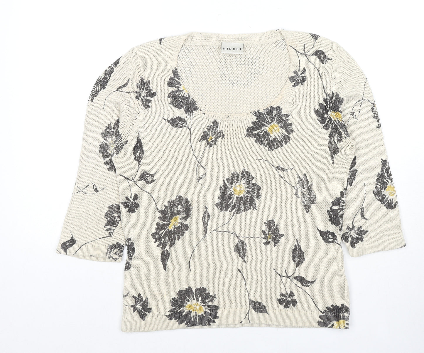 Minuet Womens Beige Scoop Neck Floral Silk Pullover Jumper Size 12