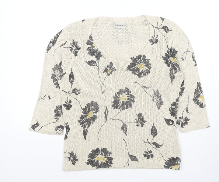 Minuet Womens Beige Scoop Neck Floral Silk Pullover Jumper Size 12