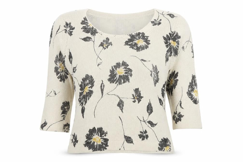 Front view of Minuet women’s beige scoop neck floral silk jumper, size UK 12