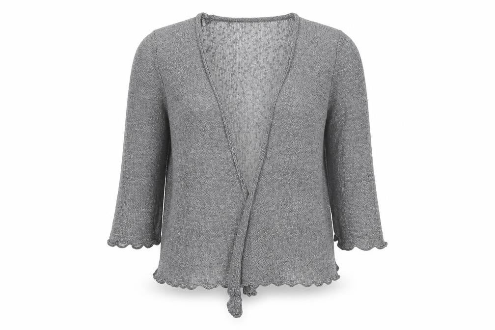 Front view of Apricot women’s grey v-neck polyester cardigan jumper, size M, - open