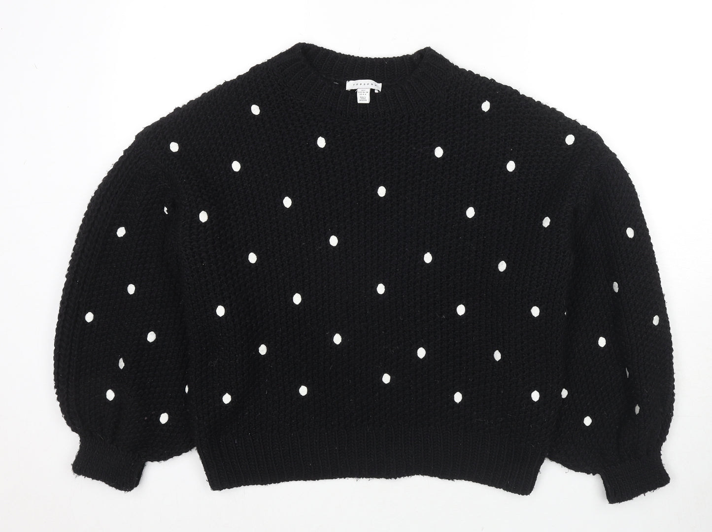 Topshop Womens Black Crew Neck Polka Dot Acrylic Pullover Jumper Size S - Balloon Sleeves
