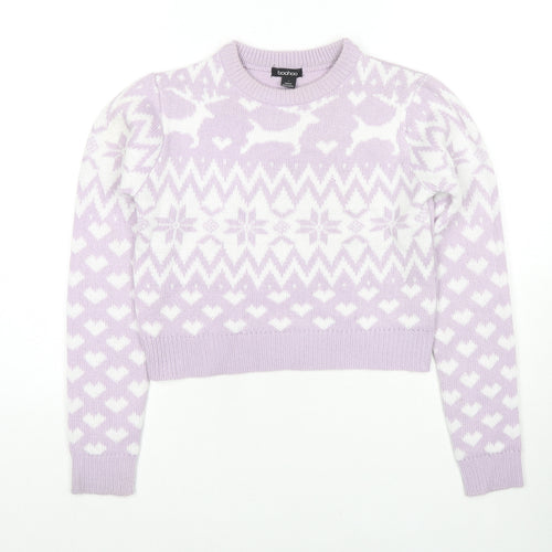 Boohoo Womens Purple Crew Neck Geometric Acrylic Pullover Jumper Size S - Cropped