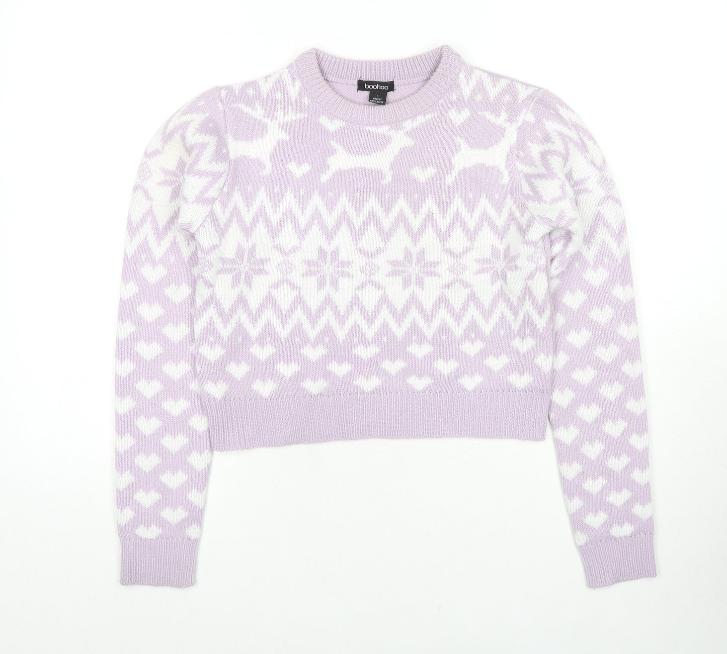 Boohoo Womens Purple Crew Neck Geometric Acrylic Pullover Jumper Size S - Cropped