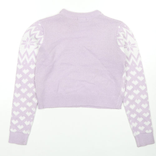 Boohoo Womens Purple Crew Neck Geometric Acrylic Pullover Jumper Size S - Cropped