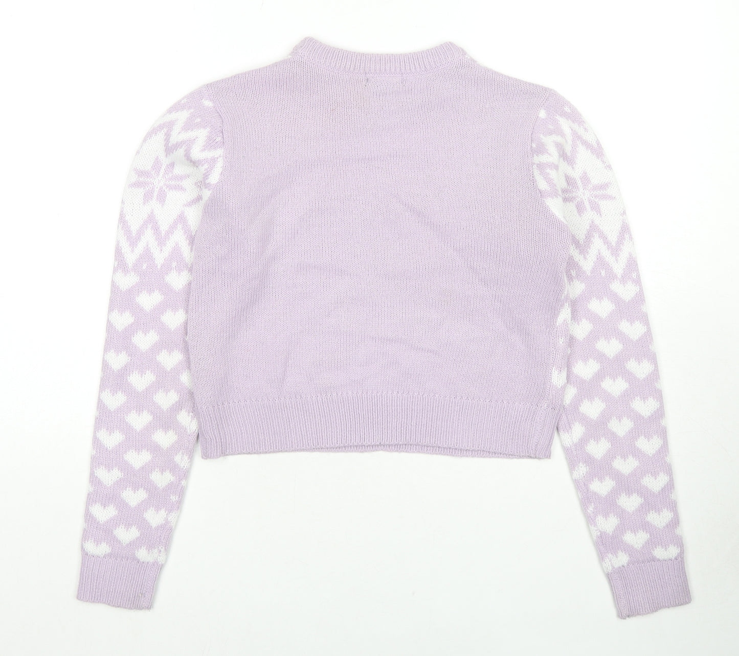 Boohoo Womens Purple Crew Neck Geometric Acrylic Pullover Jumper Size S - Cropped