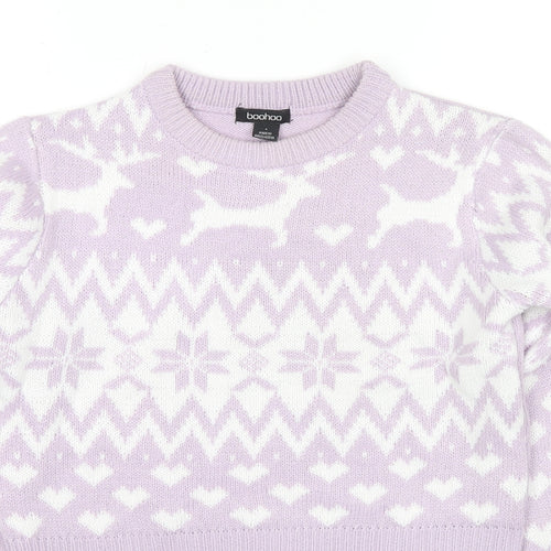 Boohoo Womens Purple Crew Neck Geometric Acrylic Pullover Jumper Size S - Cropped