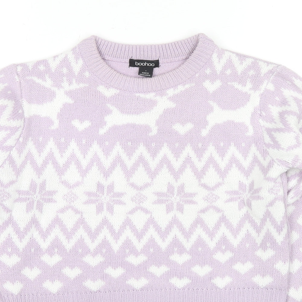 Boohoo Womens Purple Crew Neck Geometric Acrylic Pullover Jumper Size S - Cropped