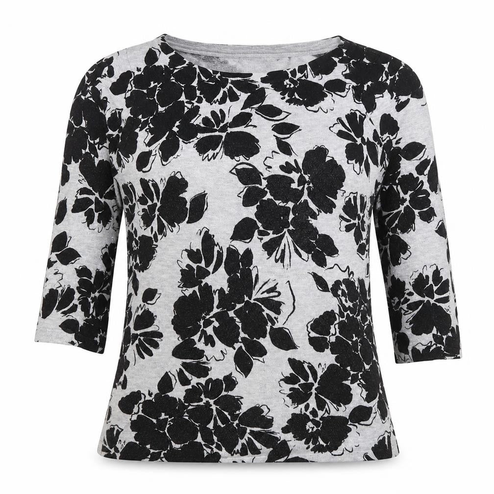 Front view of Precis women’s grey boat neck floral viscose jumper, size XS