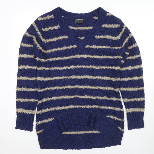 Originals Womens Blue V-Neck Striped Acrylic Pullover Jumper Size L