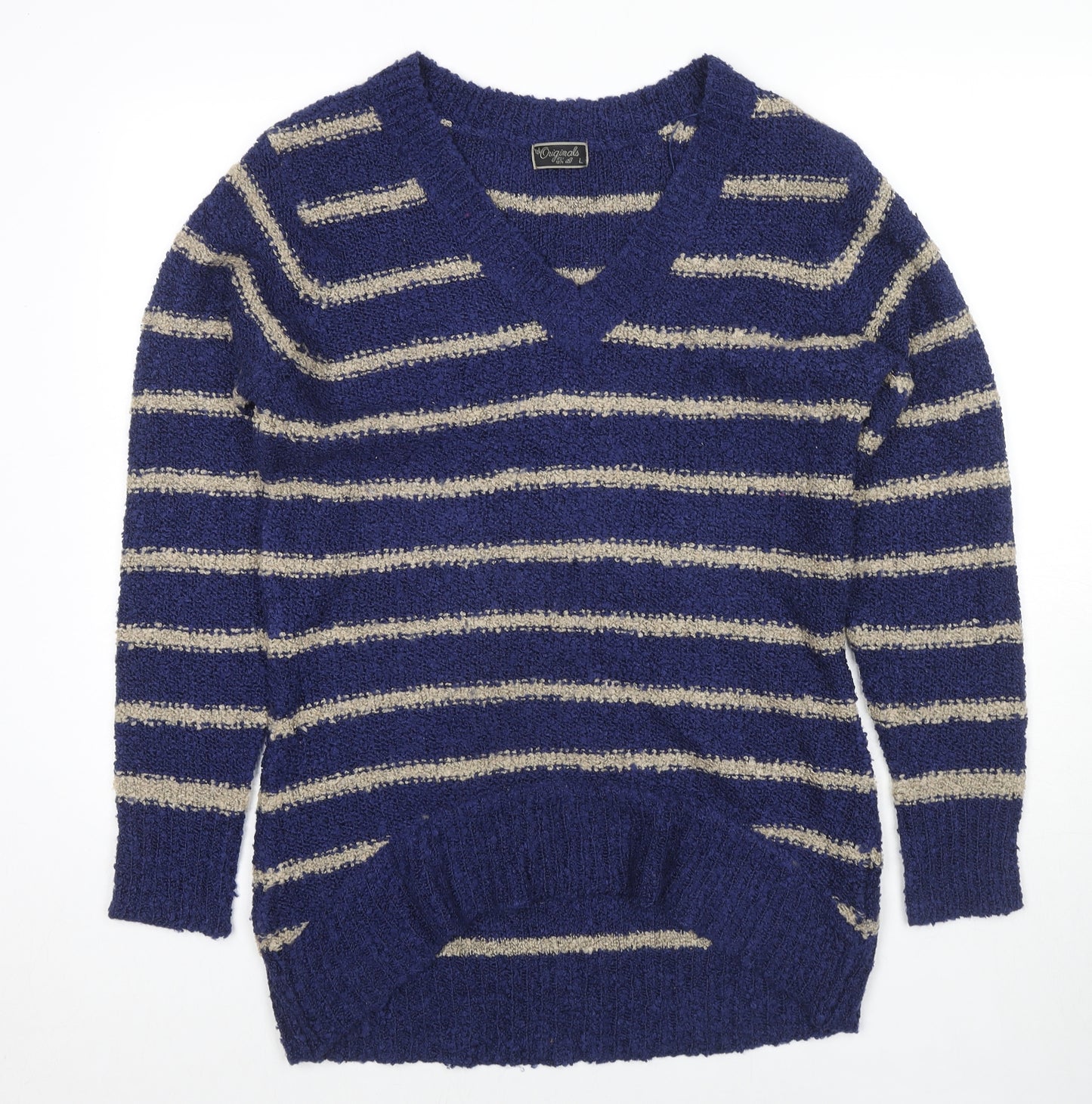 Originals Womens Blue V-Neck Striped Acrylic Pullover Jumper Size L