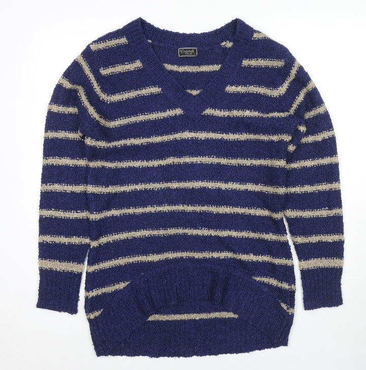 Originals Womens Blue V-Neck Striped Acrylic Pullover Jumper Size L