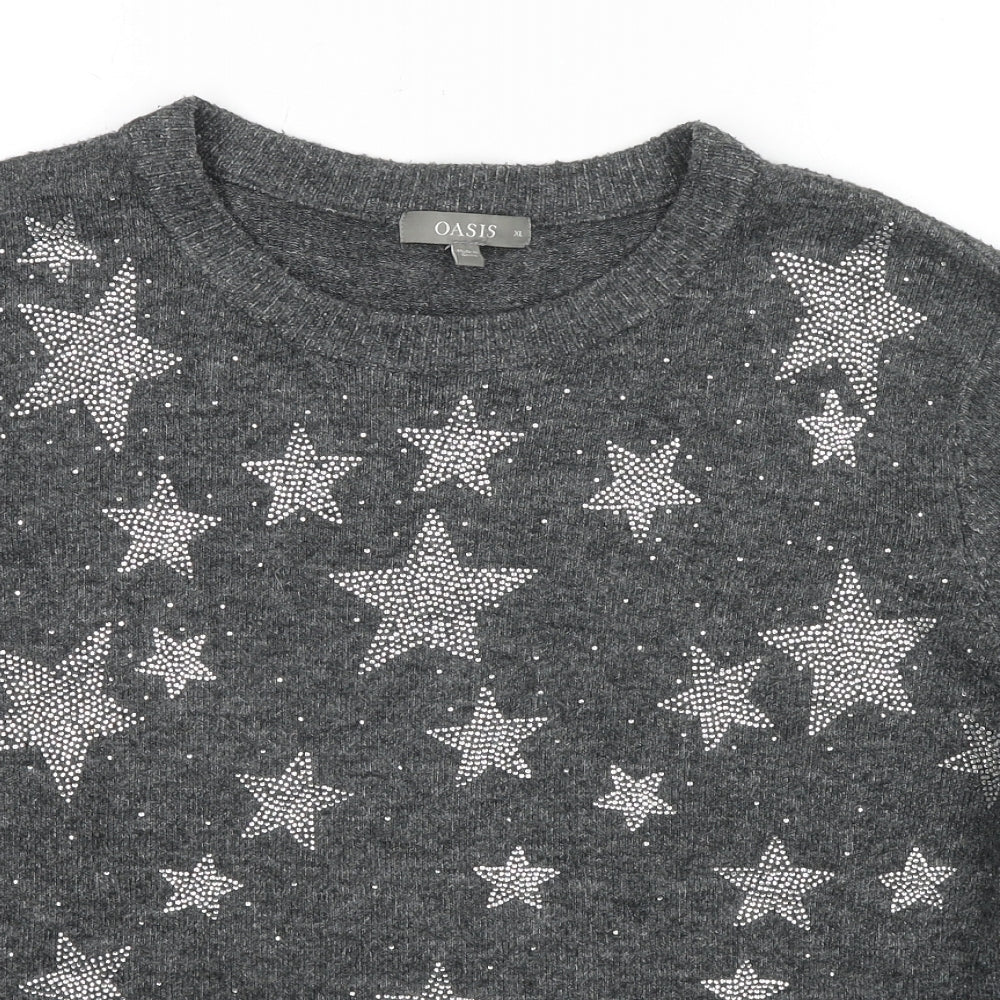 Oasis Womens Grey Round Neck Polyester Pullover Jumper Size XL - Star Detail