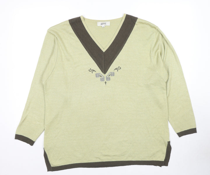 Whimsy by Lunaire Womens Green V-Neck Acrylic Pullover Jumper Size L