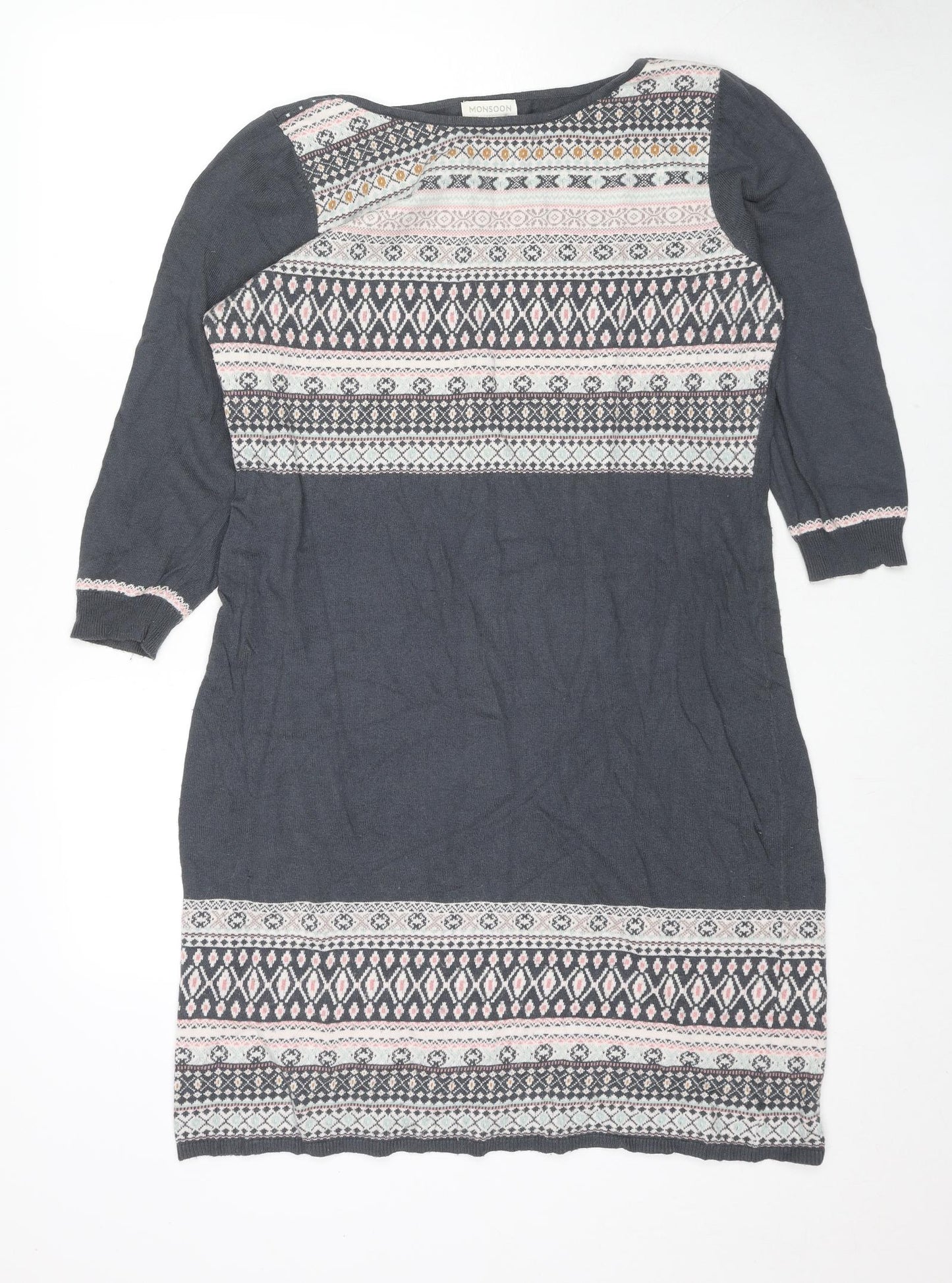 Monsoon Womens Grey Cotton Shift Size 18 Round Neck Pullover - Fair Isle Pattern