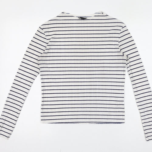 Topshop Womens White Striped Polyester Basic T-Shirt Size 8 Crew Neck