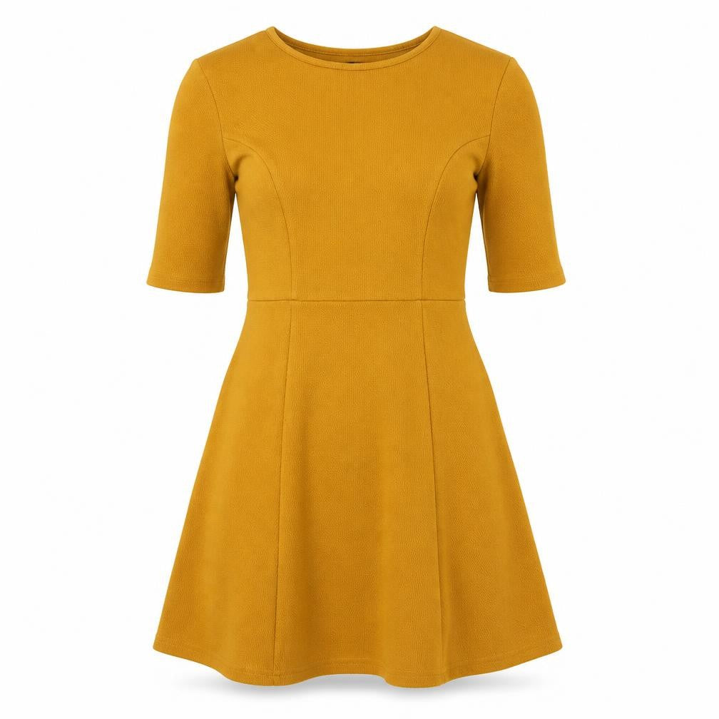 Front view of Vero Moda women’s yellow polyester fit & flare, size S, round neck pullover