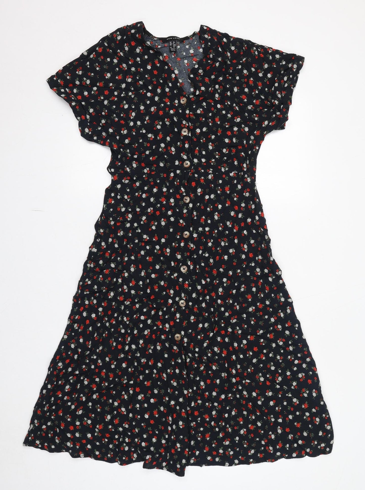 New Look Womens Blue Floral Viscose A-Line Size 12 V-Neck Button