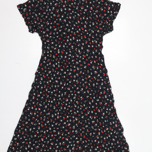 New Look Womens Blue Floral Viscose A-Line Size 12 V-Neck Button