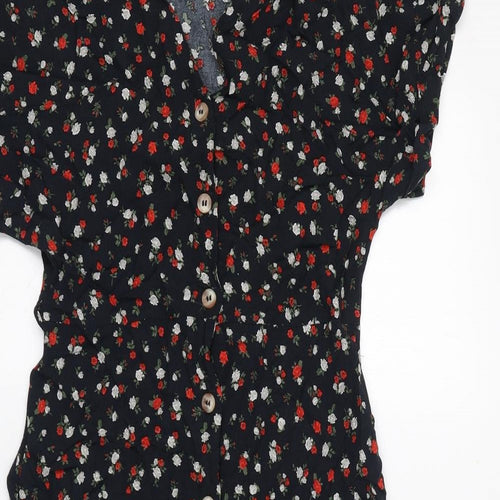 New Look Womens Blue Floral Viscose A-Line Size 12 V-Neck Button