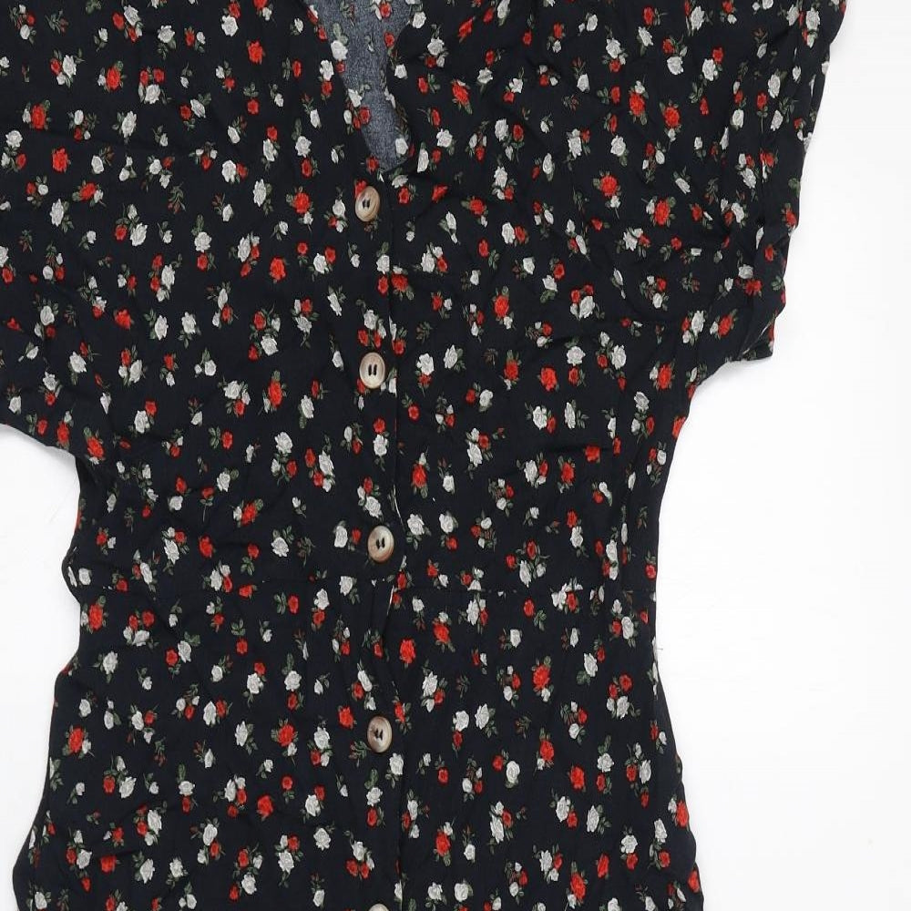 New Look Womens Blue Floral Viscose A-Line Size 12 V-Neck Button