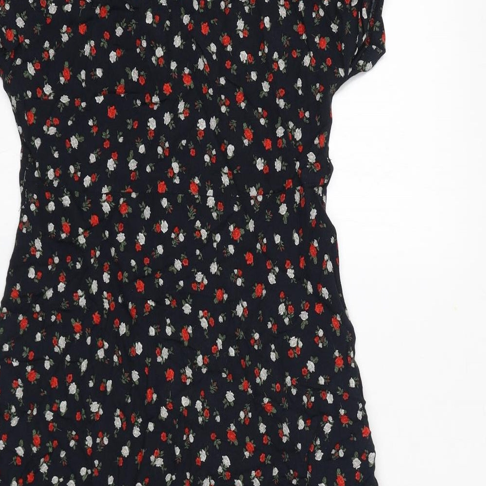 New Look Womens Blue Floral Viscose A-Line Size 12 V-Neck Button