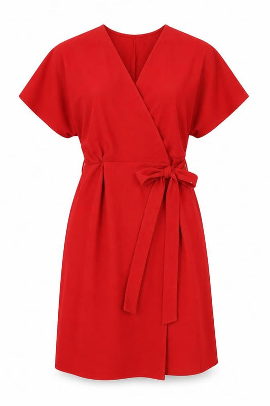 Front view of RIDE women’s red polyamide wrap dress, size XS, v-neck button