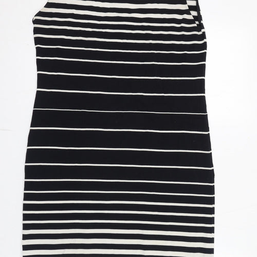 Adrienne Vittadini Womens Black Striped Viscose Shift Size M Round Neck Zip