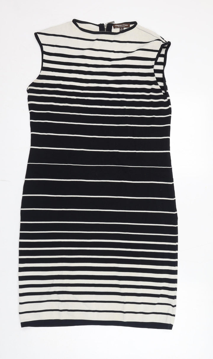 Adrienne Vittadini Womens Black Striped Viscose Shift Size M Round Neck Zip