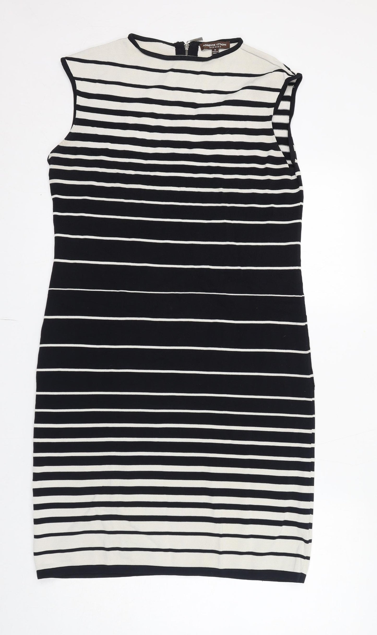 Adrienne Vittadini Womens Black Striped Viscose Shift Size M Round Neck Zip