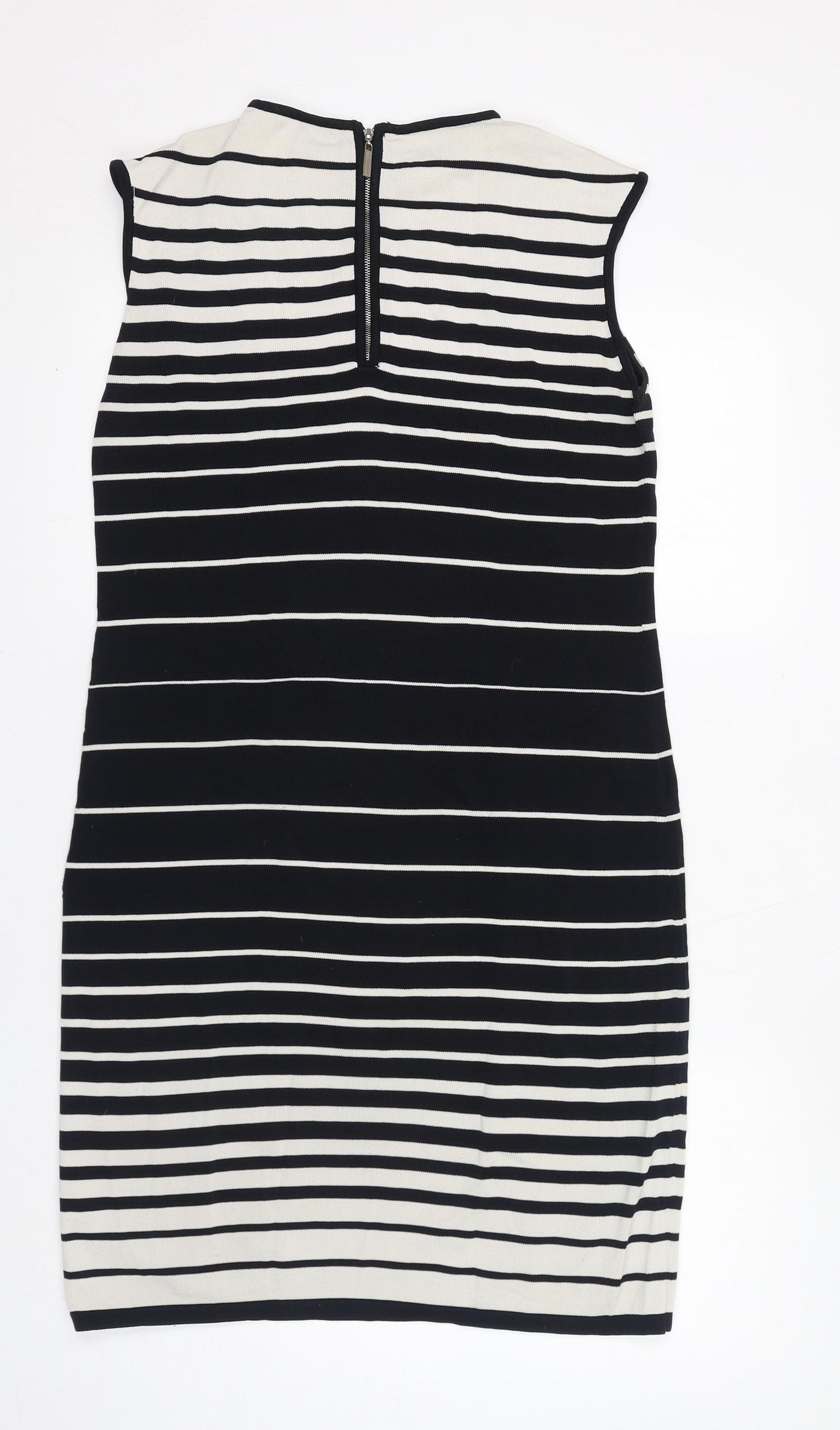 Adrienne Vittadini Womens Black Striped Viscose Shift Size M Round Neck Zip