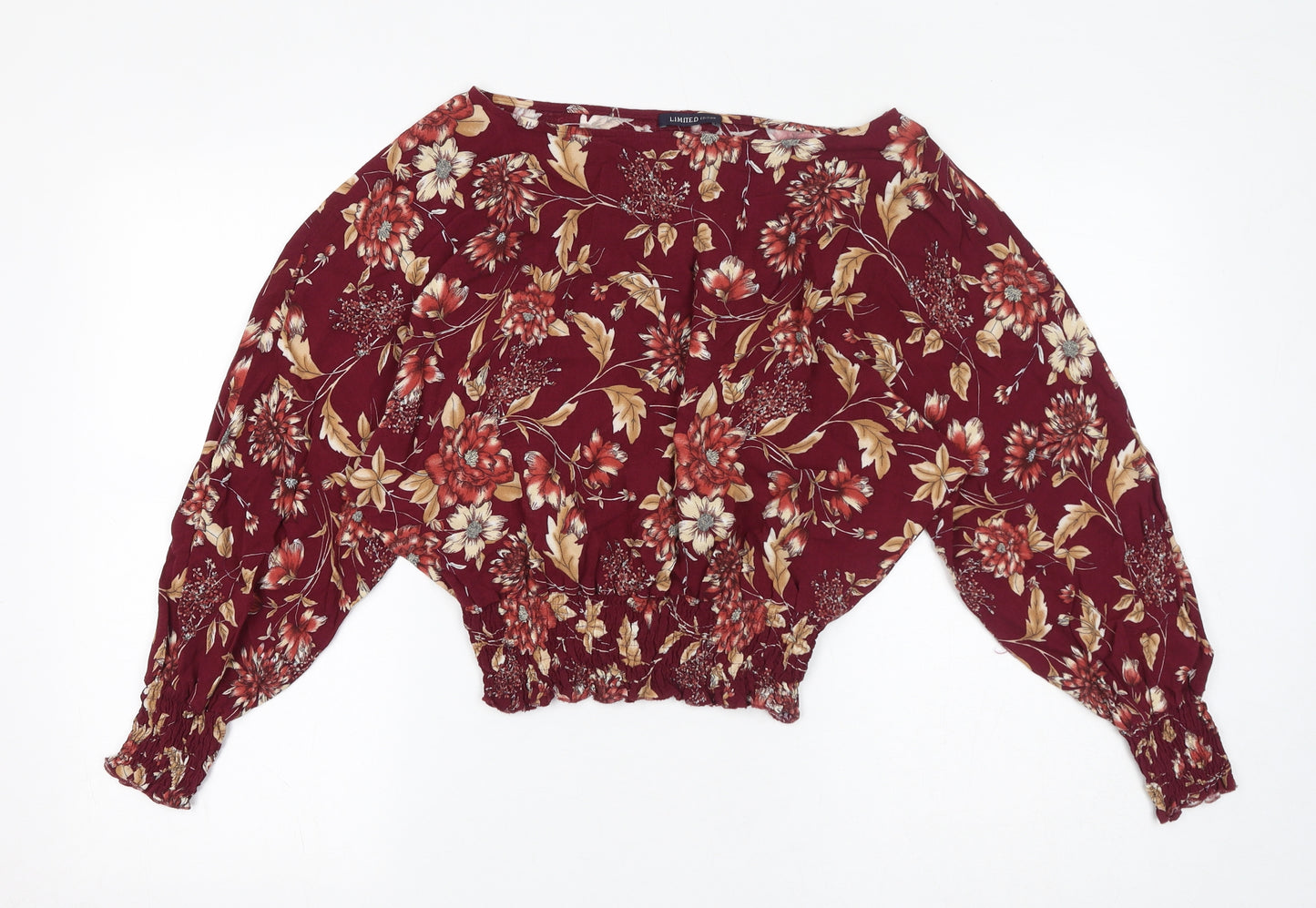 Limited Edition Womens Red Floral Viscose Basic Blouse Size 8 Boat Neck