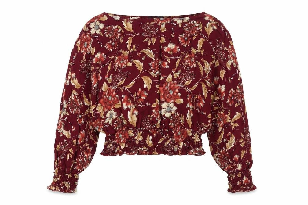 Front view of Limited Edition women’s red floral viscose basic blouse, size UK 8, boat neck