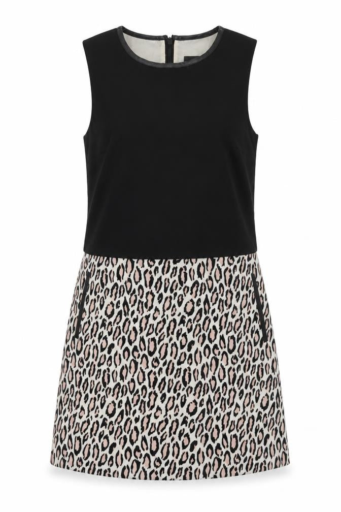 Front view of Oasis women’s black animal print polyester shift, size UK 10, round neck zip - leopard print
