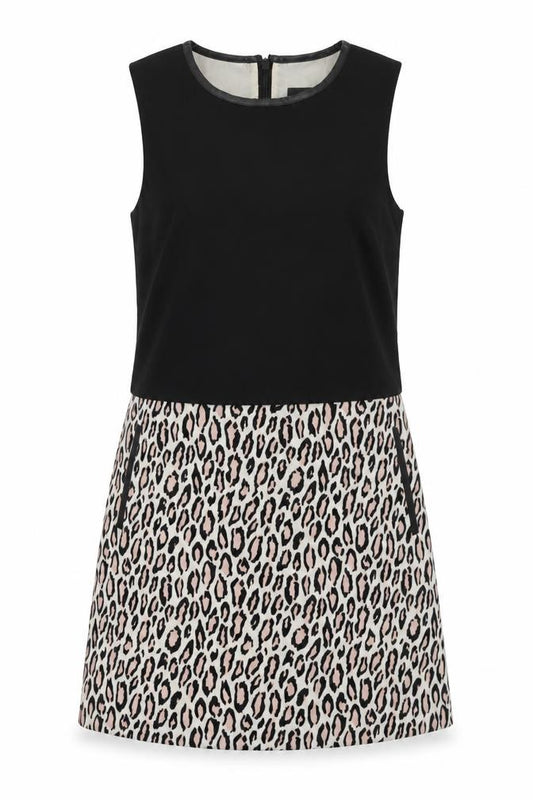 Front view of Oasis women’s black animal print polyester shift, size UK 10, round neck zip - leopard print