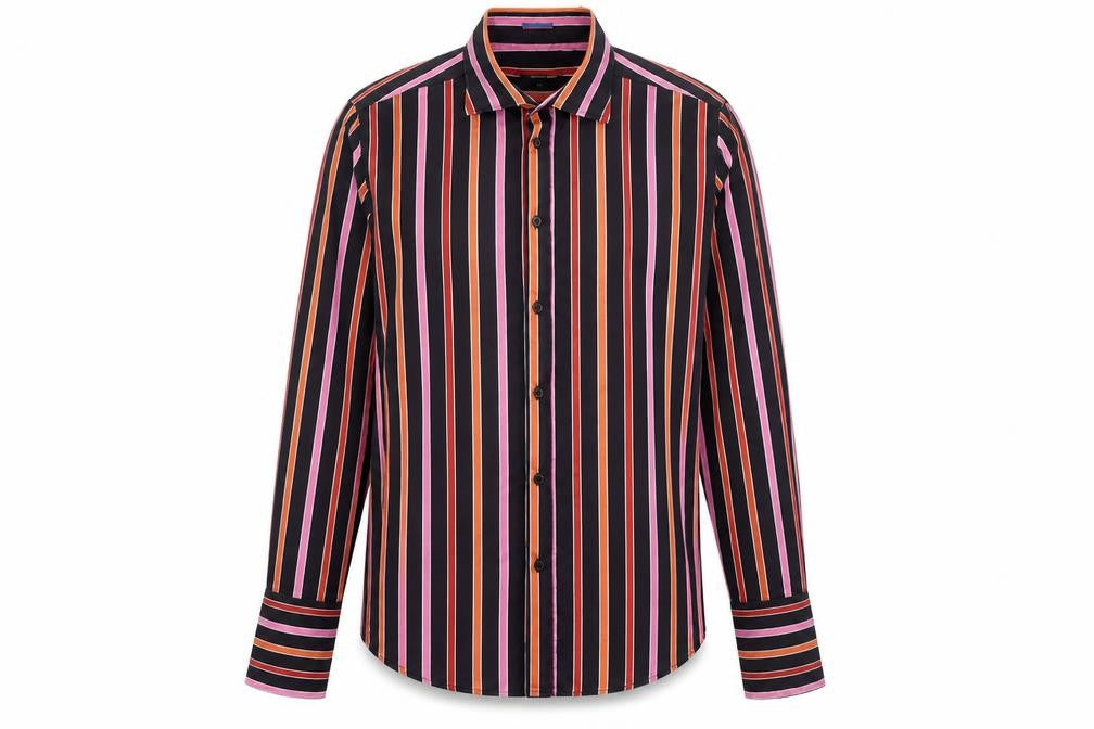 Front view of Matinique women’s black striped 100% cotton basic button-up, size XL, collared