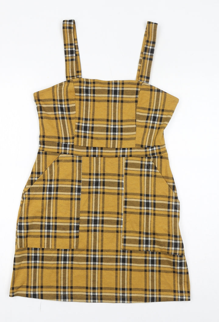 Bershka Womens Yellow Check Polyester Mini Size S Square Neck Pullover
