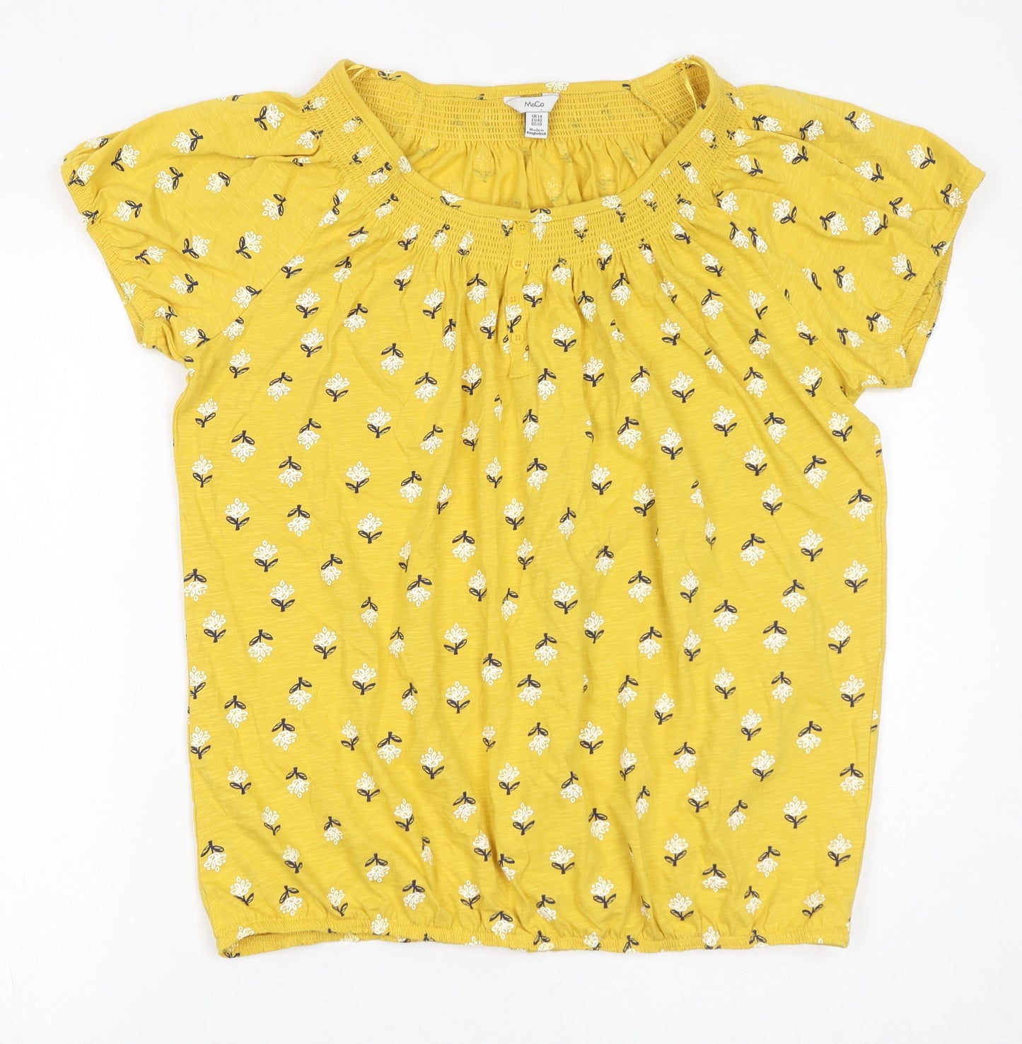 M&Co Womens Yellow Floral 100% Cotton Basic T-Shirt Size 14 Round Neck