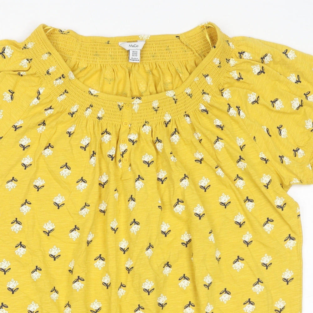 M&Co Womens Yellow Floral 100% Cotton Basic T-Shirt Size 14 Round Neck