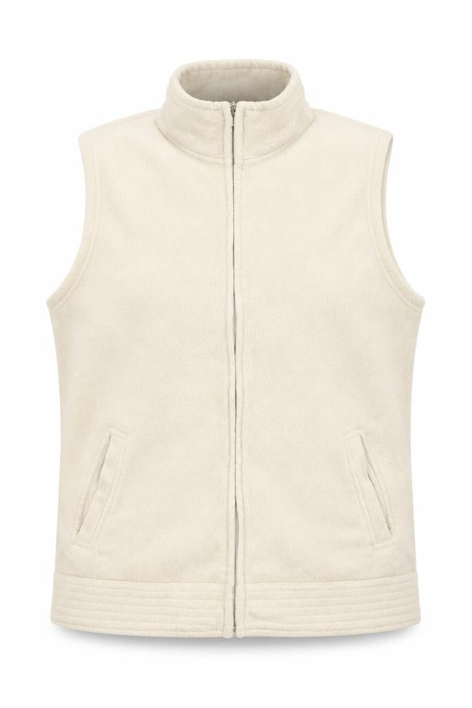 Front view of EWM women’s beige gilet jacket, size L, zip