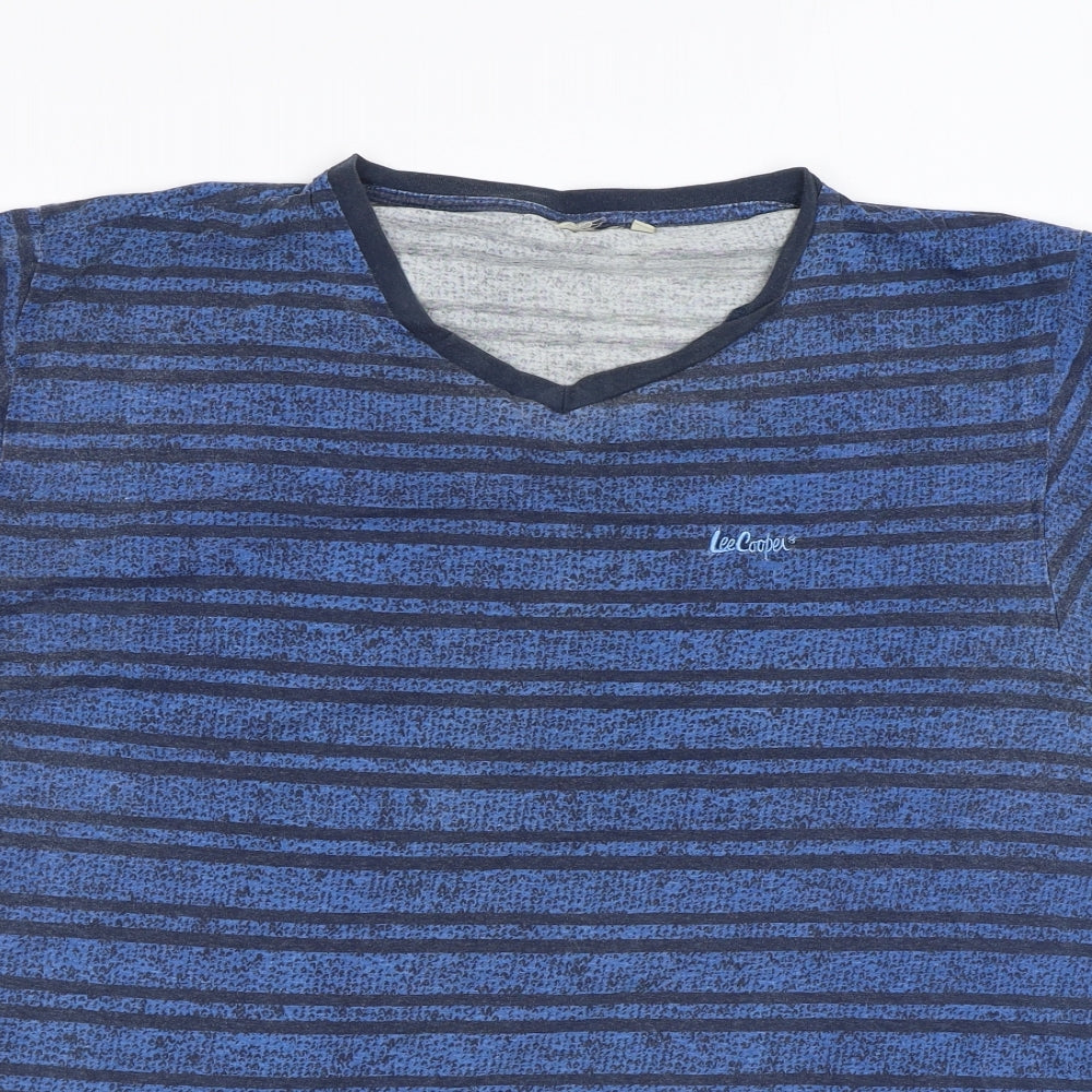 Lee Cooper Mens Blue Striped Polyester T-Shirt Size L Crew Neck