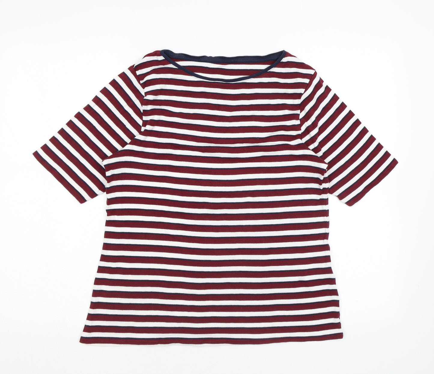 Marks and Spencer Womens Red Striped Cotton Basic T-Shirt Size 16 Round Neck