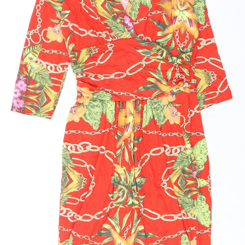 Fran Jane Womens Red Floral Viscose Pencil Dress Size 10 V-Neck Zip
