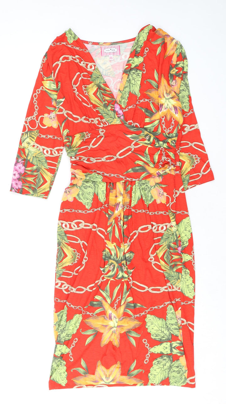 Fran Jane Womens Red Floral Viscose Pencil Dress Size 10 V-Neck Zip