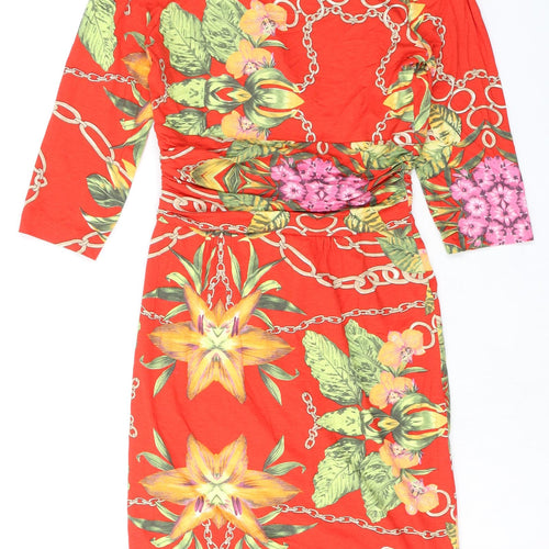 Fran Jane Womens Red Floral Viscose Pencil Dress Size 10 V-Neck Zip