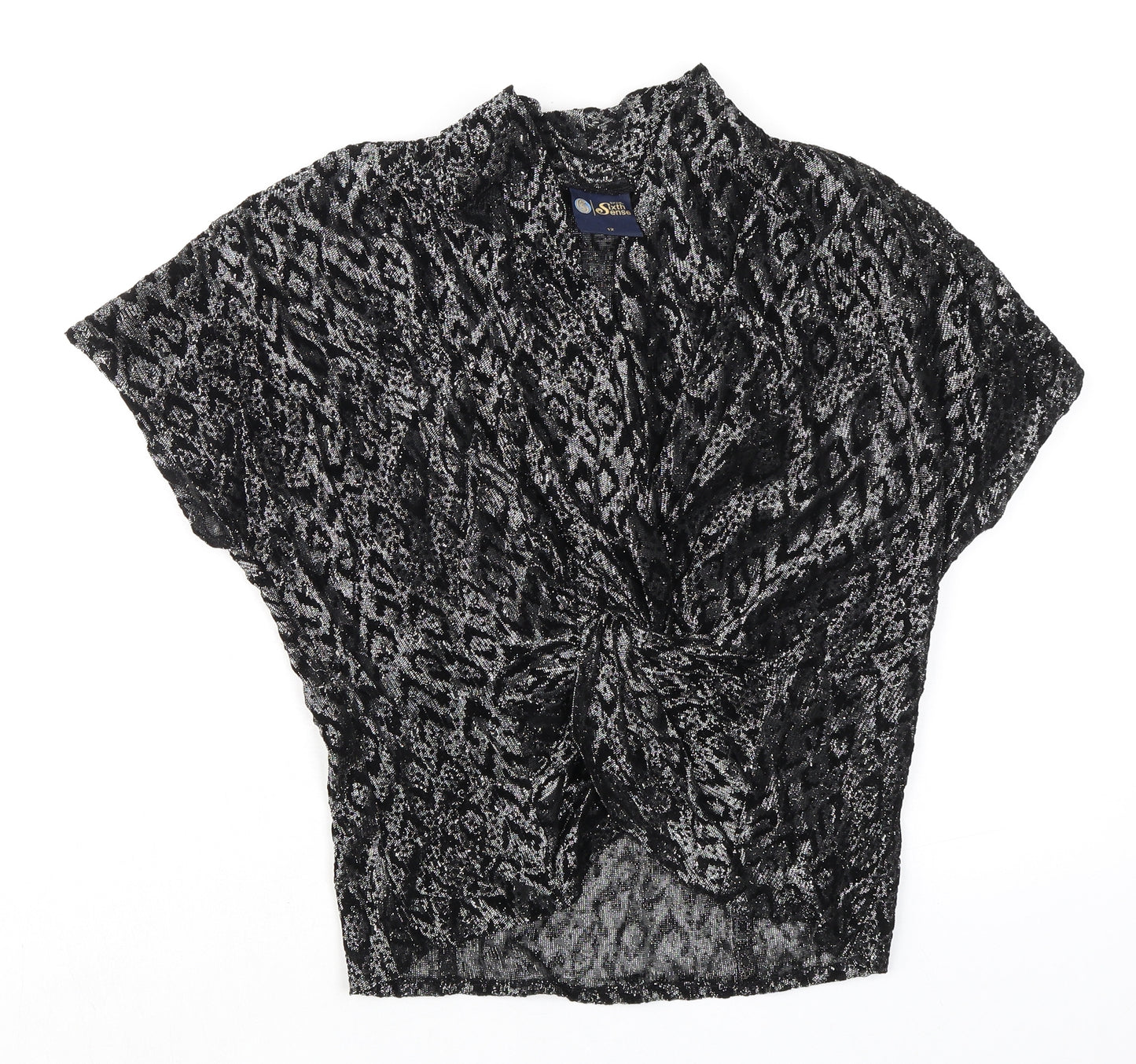 C&A Womens Black Animal Print Viscose Basic Blouse Size 12 V-Neck