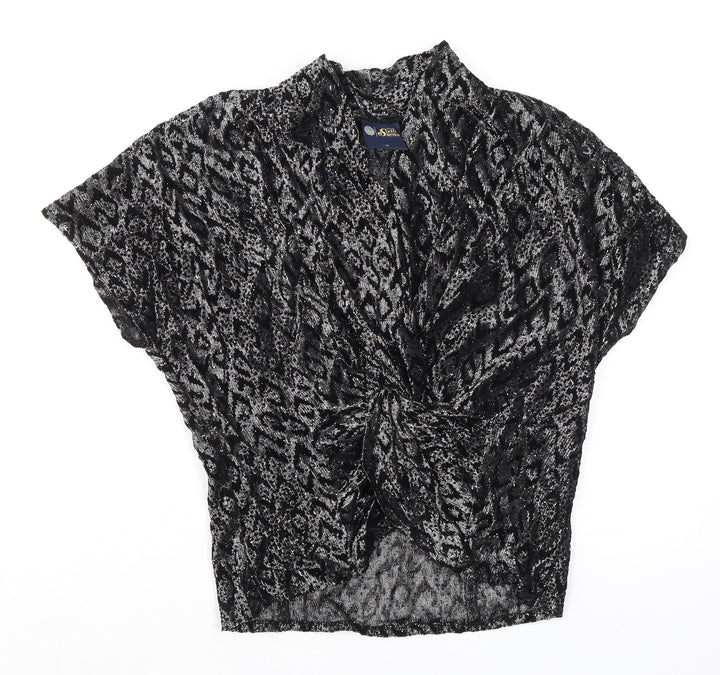 C&A Womens Black Animal Print Viscose Basic Blouse Size 12 V-Neck